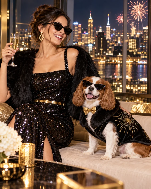 A woman and her dog in matching black and gold evening looks
